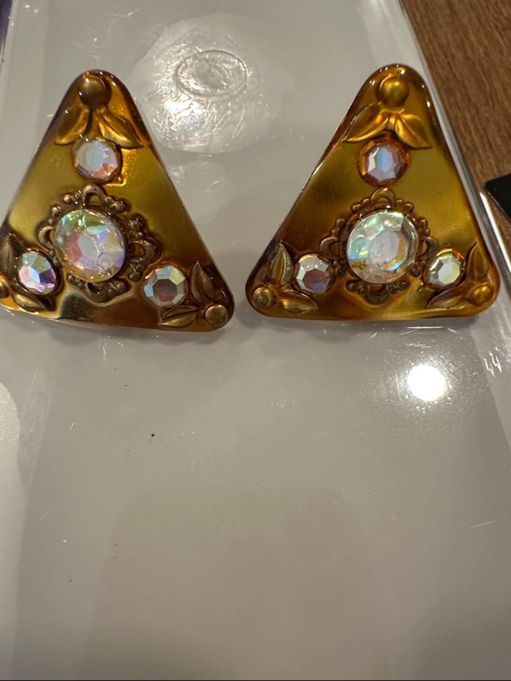 Patti Horn Vintage Triangle Aurora Borealis Crystal Clip-On Earrings Amber Gold